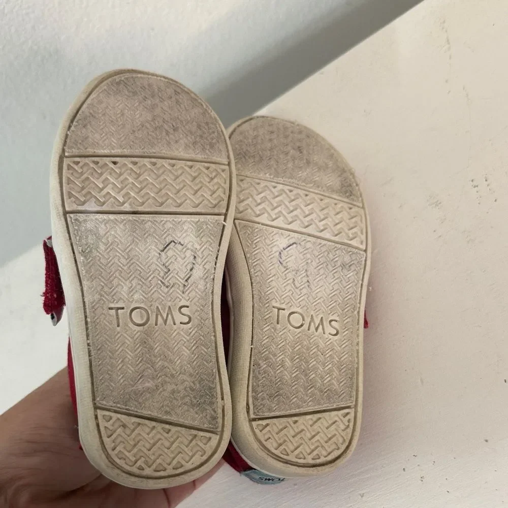 TOMS Kids Red Canvas Velcro sneakers- Size 7